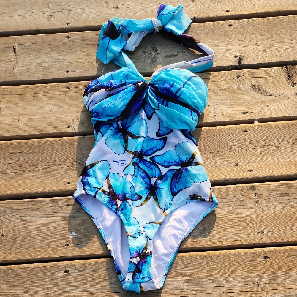 (M) Siri European One Piece Swimsuit with Halter Top Butterflies Beach Flirty